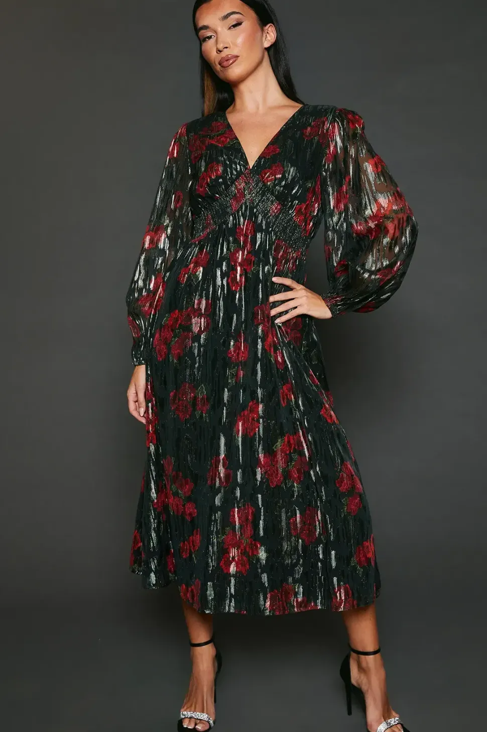 Floral V Neck Metallic Midi Dress