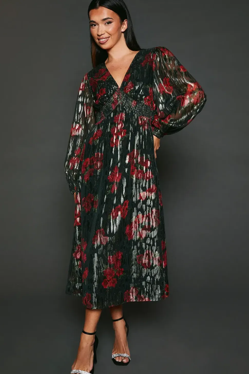 Floral V Neck Metallic Midi Dress