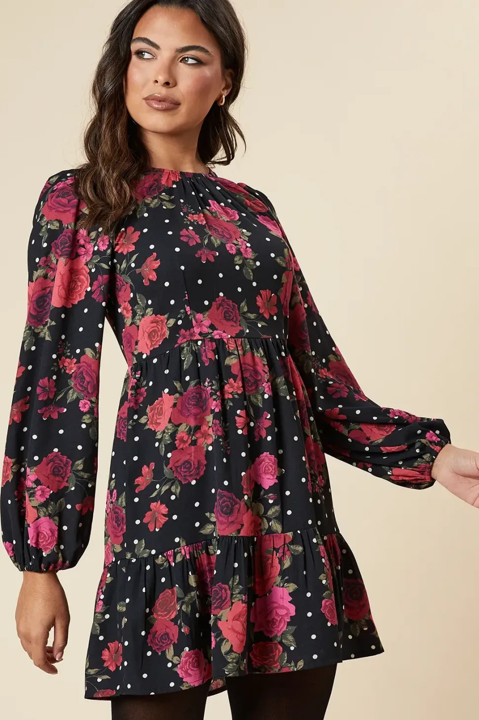 Floral With Spot Long Sleeve Tiered Mini Dress