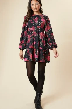 Floral With Spot Long Sleeve Tiered Mini Dress