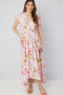Floral Wrap Angel Sleeve Midi Dress