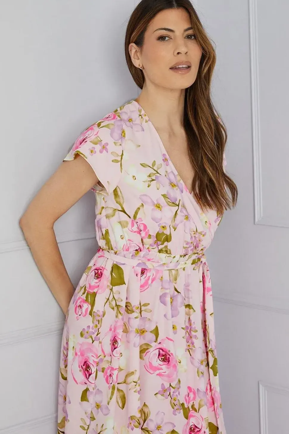 Floral Wrap Angel Sleeve Midi Dress