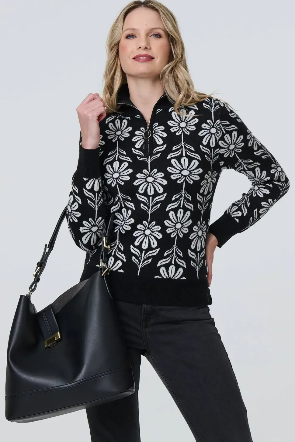 Floral Zip Neck Long Sleeve Pullover
