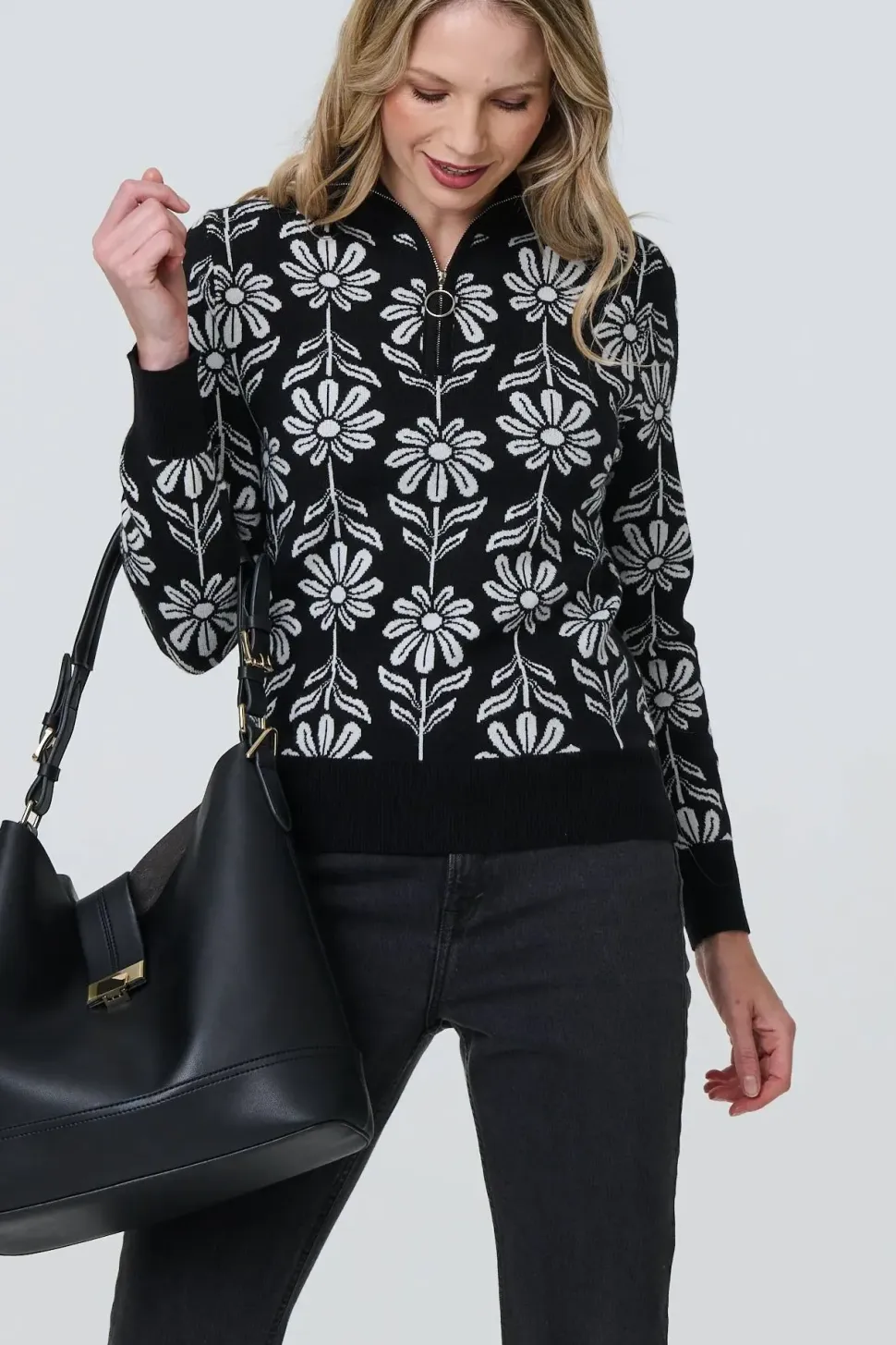 Floral Zip Neck Long Sleeve Pullover