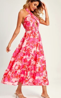 Flora Print Halter Neck Tie Back Maxi Dress In Pink