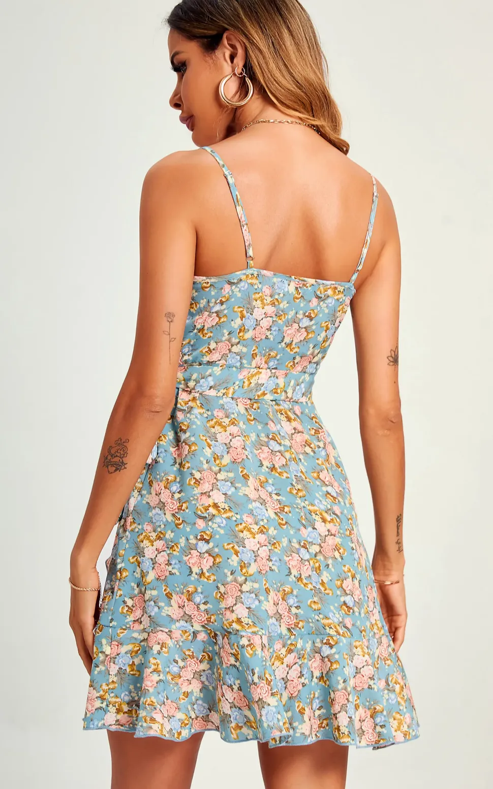 Flora Print Hem Detail Strap Mini Dress In Blue