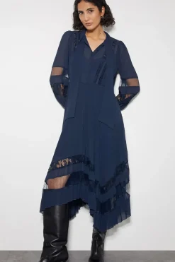 Florence Lace Insert Pleated Midi Dress Blue