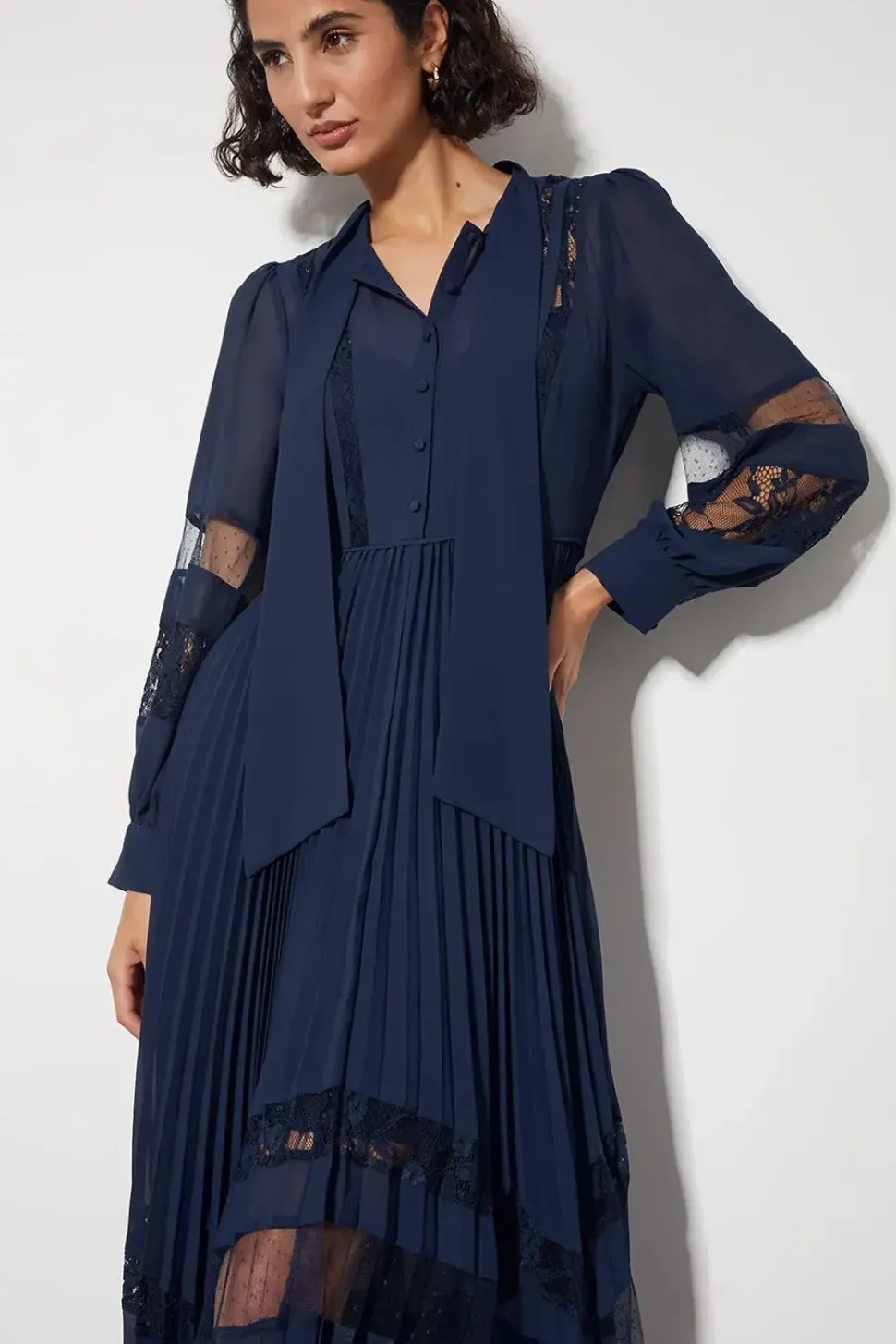Florence Lace Insert Pleated Midi Dress Blue