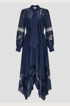 Florence Lace Insert Pleated Midi Dress Blue
