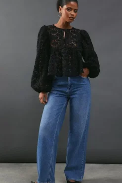 Flower Organza Sheer Tie Front Blouse