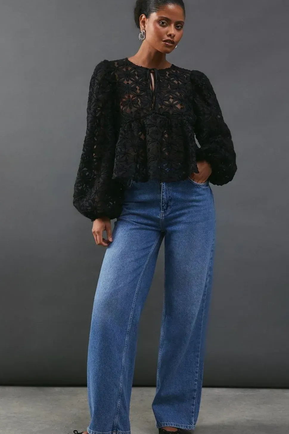 Flower Organza Sheer Tie Front Blouse