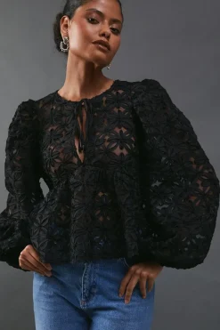 Flower Organza Sheer Tie Front Blouse