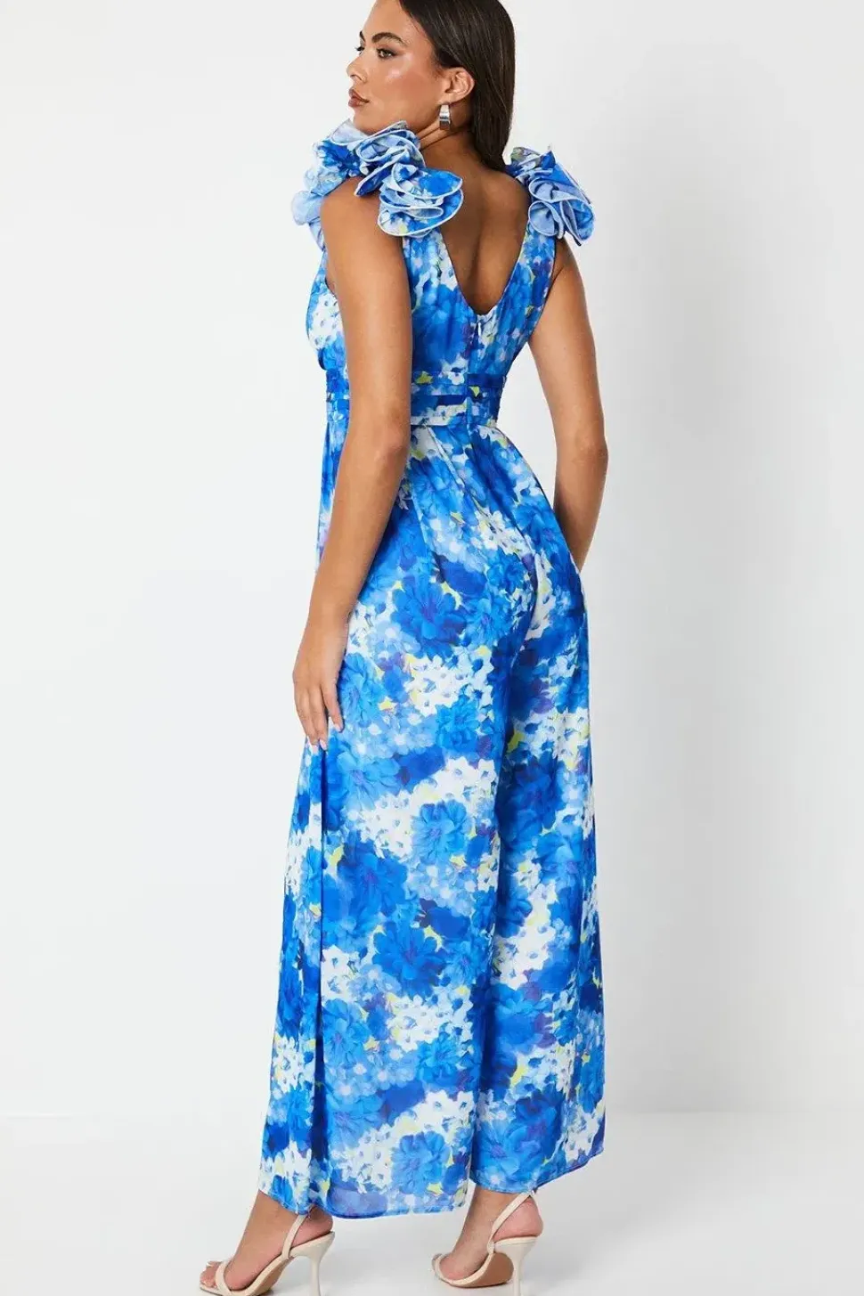 Flower Shoulder Printed Wide Leg Jumpsuit