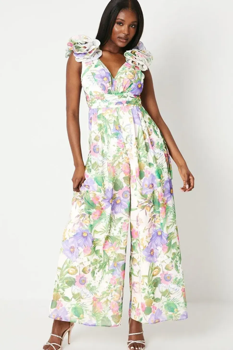 Flower Shoulder Printed Wide Leg Jumpsuit