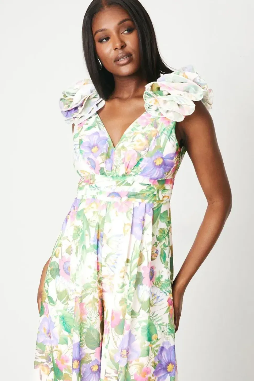 Flower Shoulder Printed Wide Leg Jumpsuit