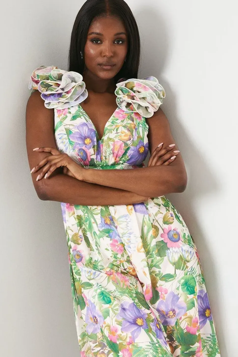 Flower Shoulder Printed Wide Leg Jumpsuit