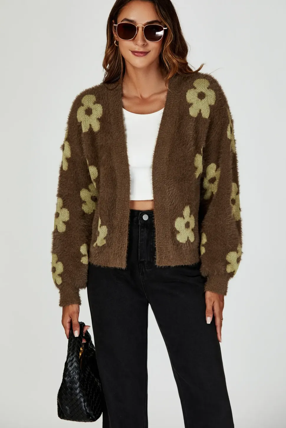 Flowers Pattern Knitted Cardigan In Brown