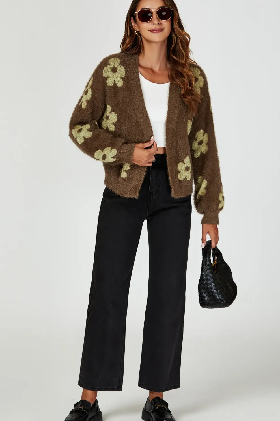 Flowers Pattern Knitted Cardigan In Brown