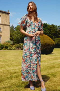 Fluid Floral Button Front Midi Tea Dress