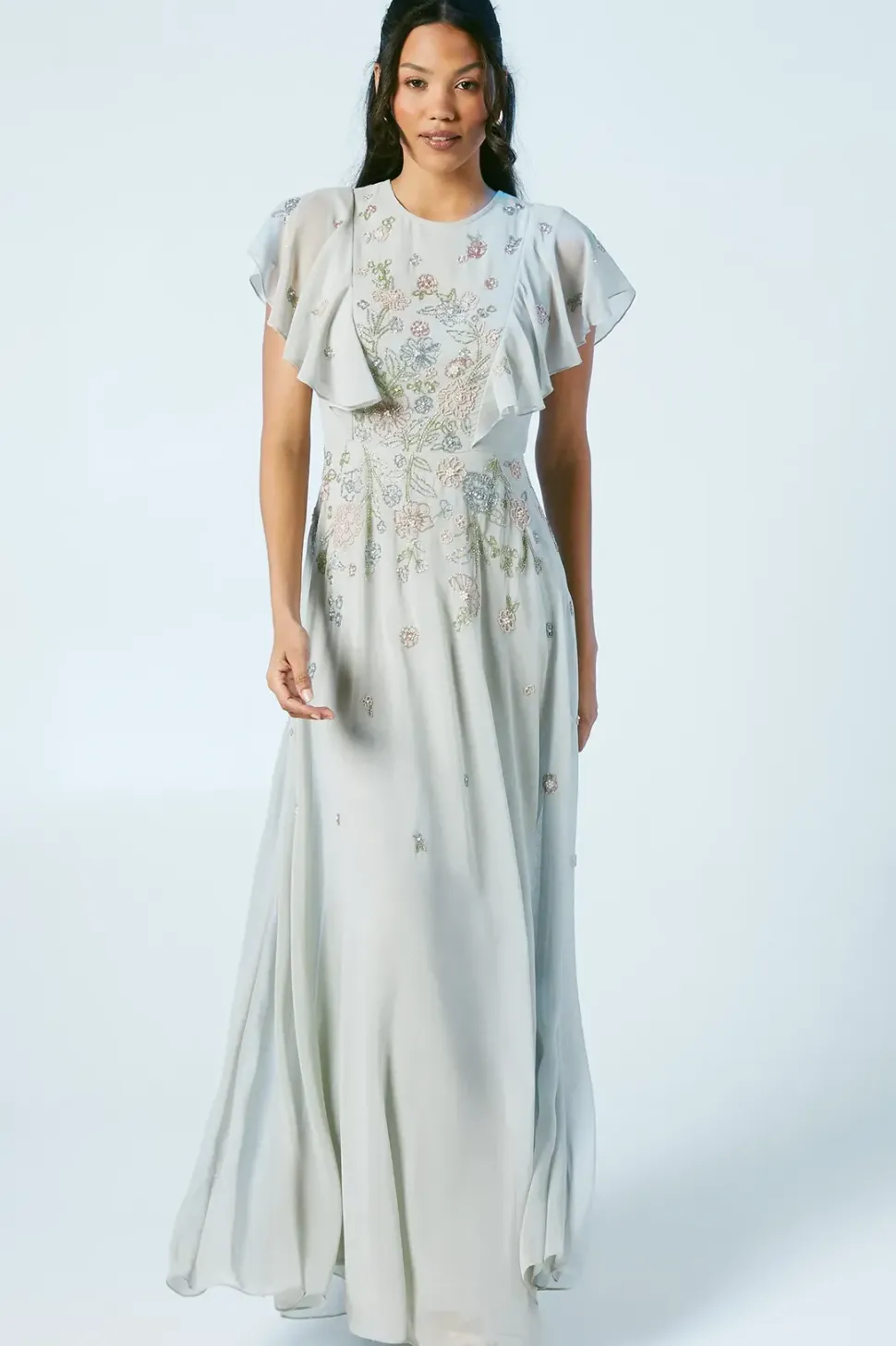 Flutter Sleeve Embellished Ditsy Floral Bridesmaids Dress