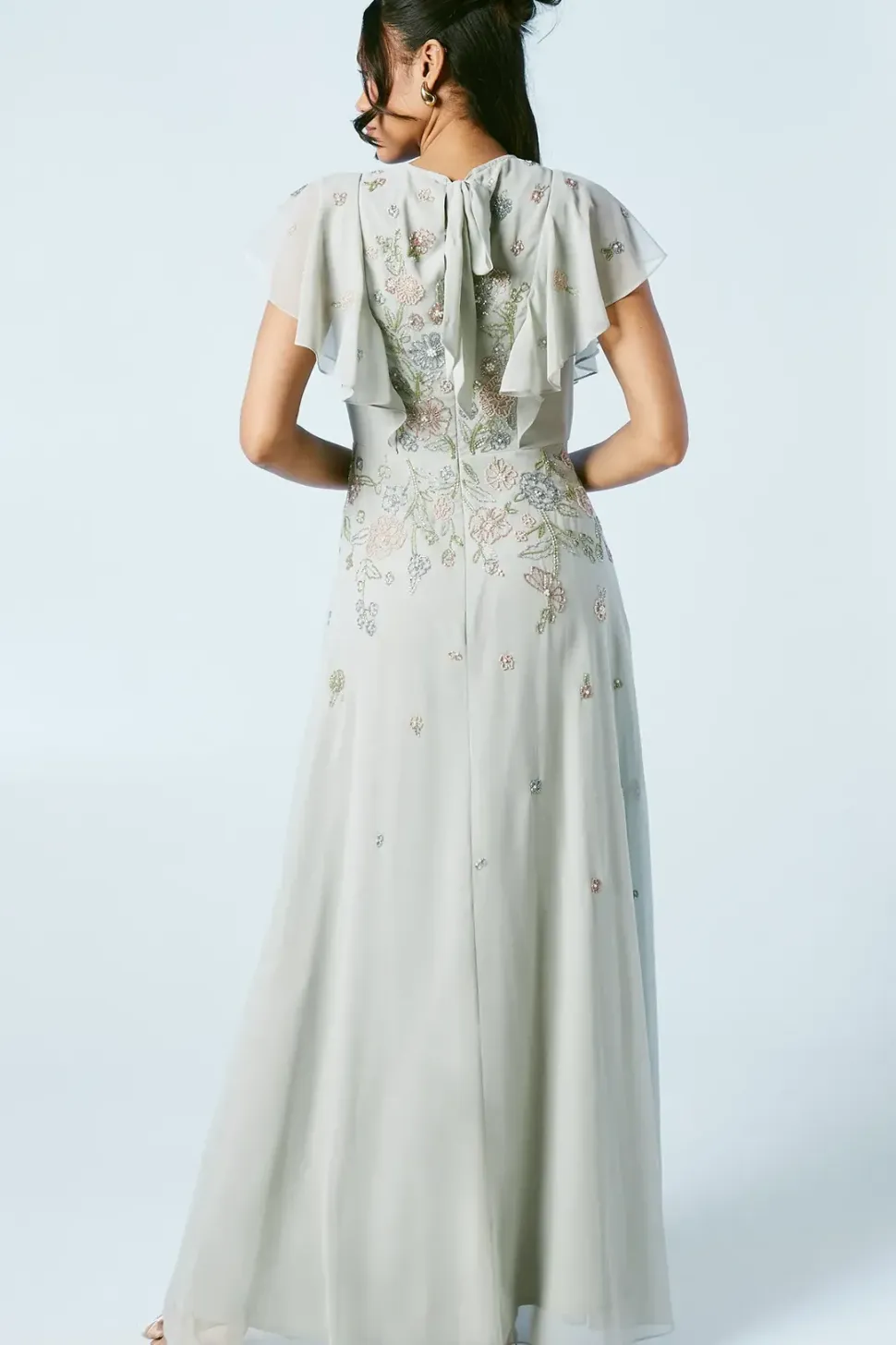 Flutter Sleeve Embellished Ditsy Floral Bridesmaids Dress