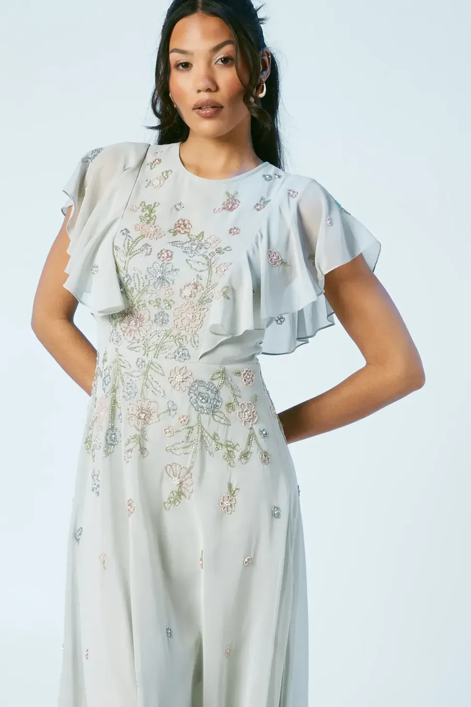 Flutter Sleeve Embellished Ditsy Floral Bridesmaids Dress