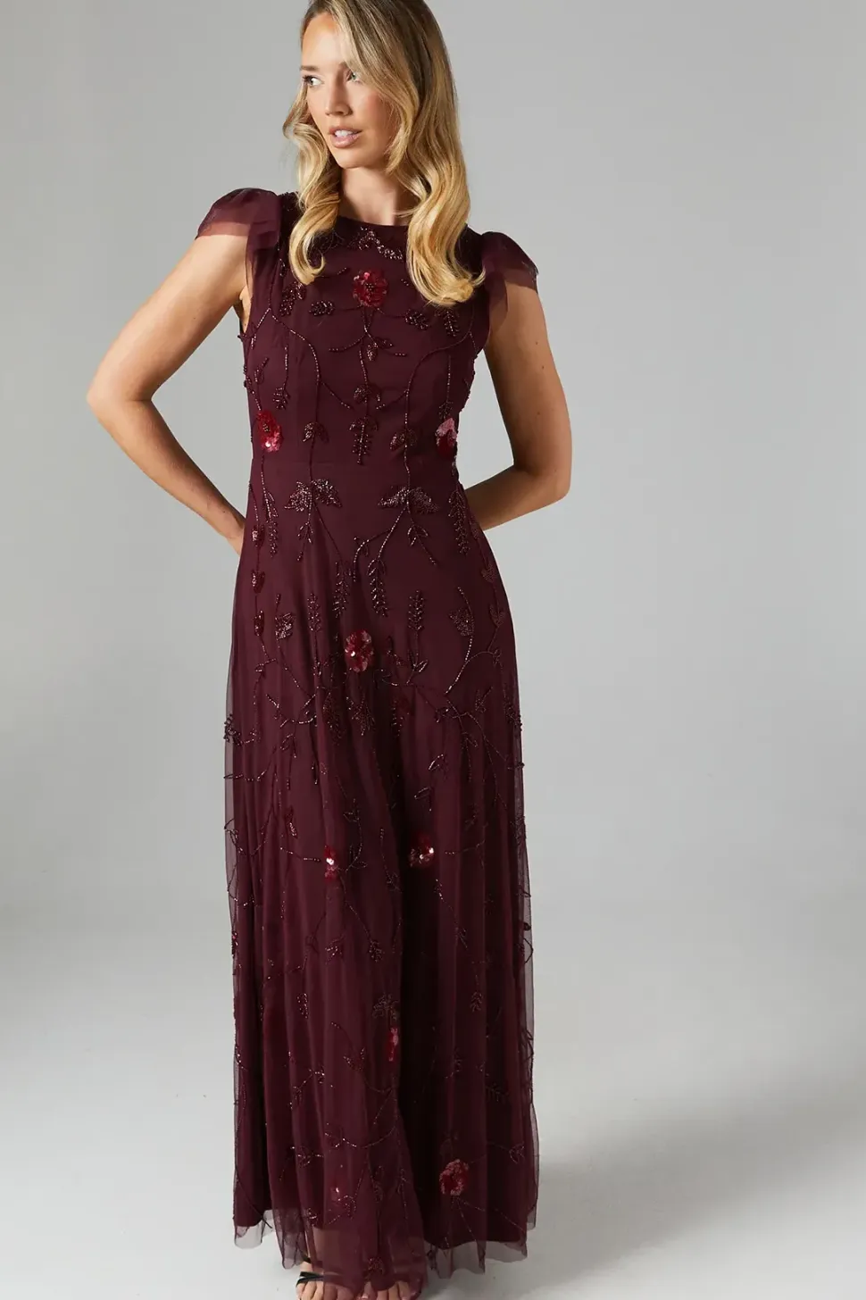 Flutter Sleeve Embellished Mesh Bridesmaids Dress
