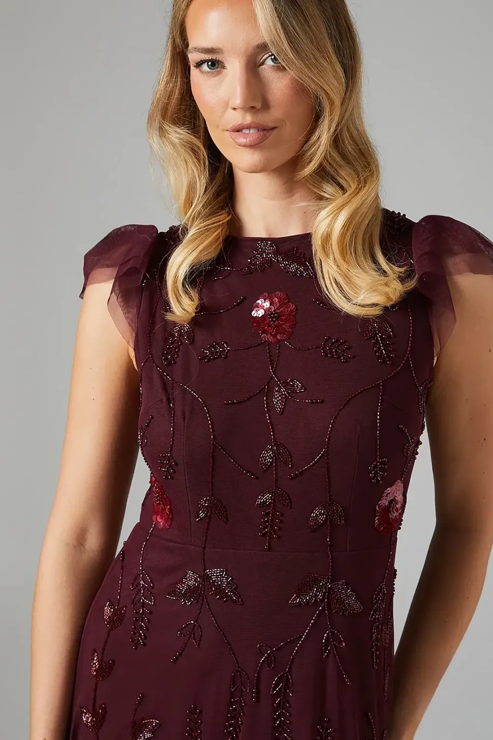 Flutter Sleeve Embellished Mesh Bridesmaids Dress