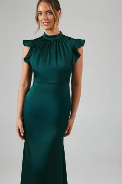 Flutter Sleeve High Neck Satin Bridesmaid Maxi Dress