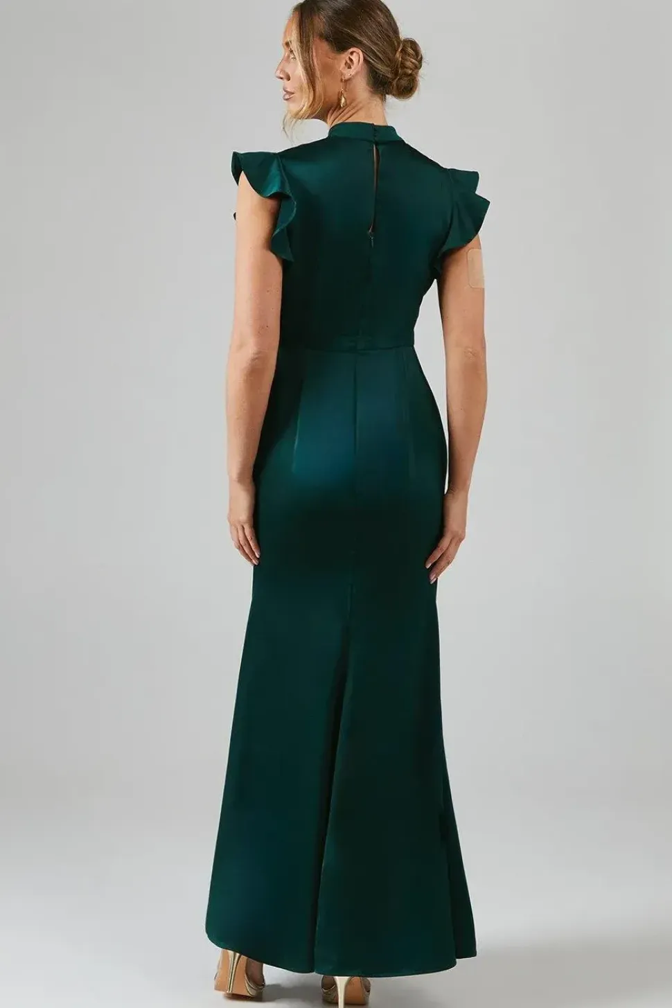 Flutter Sleeve High Neck Satin Bridesmaid Maxi Dress