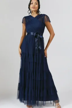 Flutter Sleeve Mesh Tiered Bridesmaid Dress