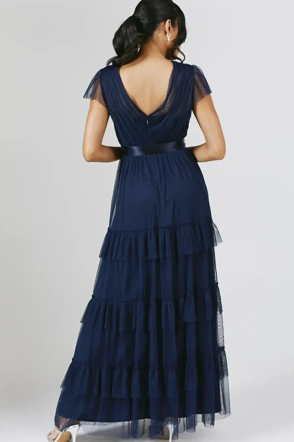 Flutter Sleeve Mesh Tiered Bridesmaid Dress
