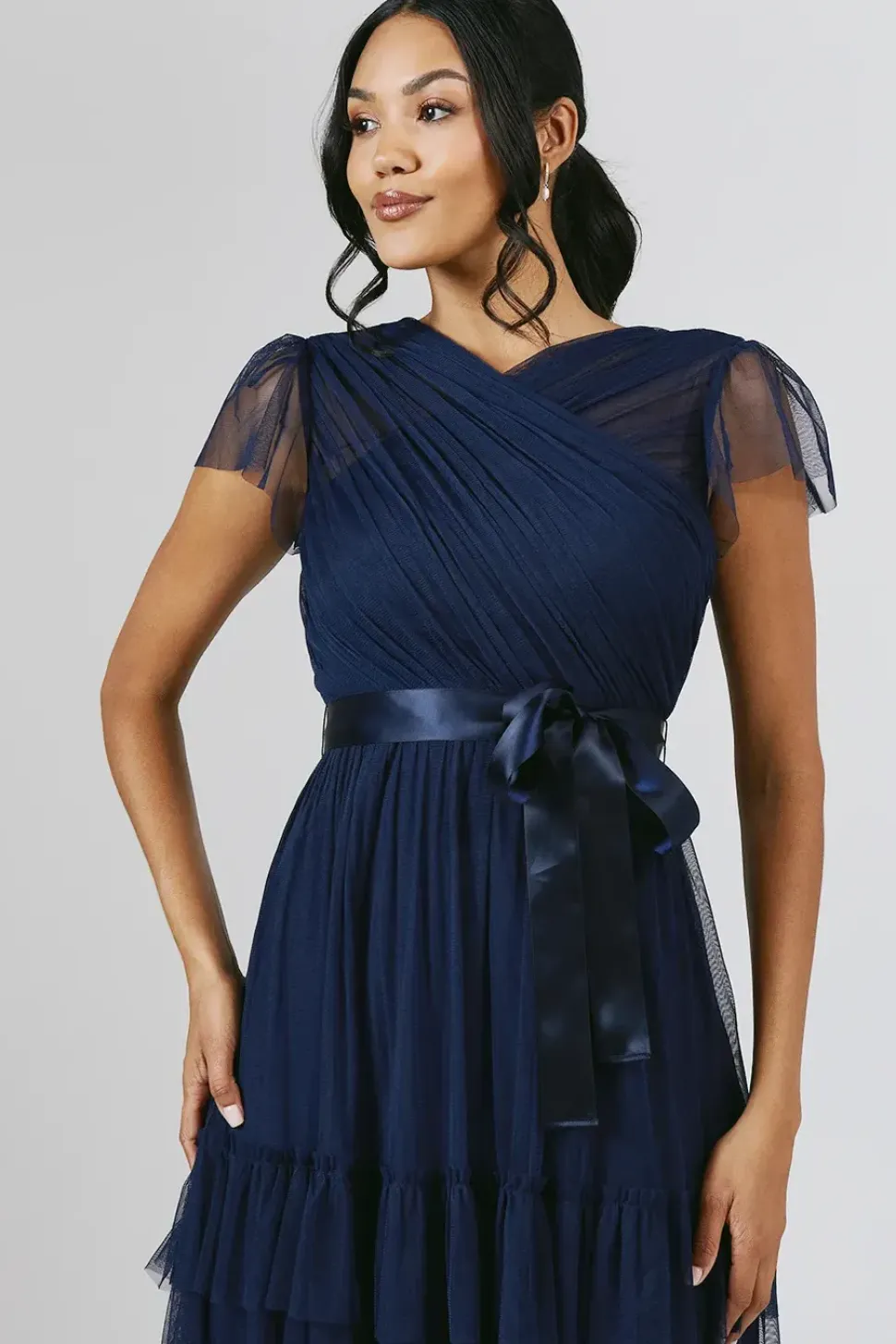 Flutter Sleeve Mesh Tiered Bridesmaid Dress