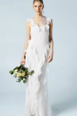 Flutter Sleeve Ruffle Detail Chiffon Bridal Maxi Dress