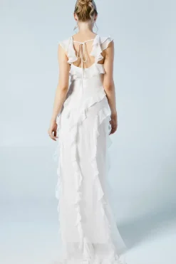 Flutter Sleeve Ruffle Detail Chiffon Bridal Maxi Dress