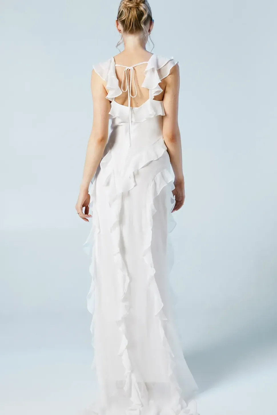Flutter Sleeve Ruffle Detail Chiffon Bridal Maxi Dress