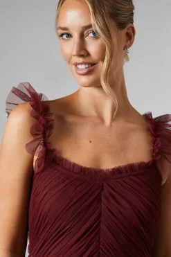 Flutter Sleeve Tiered Mesh Bridesmaids Dress