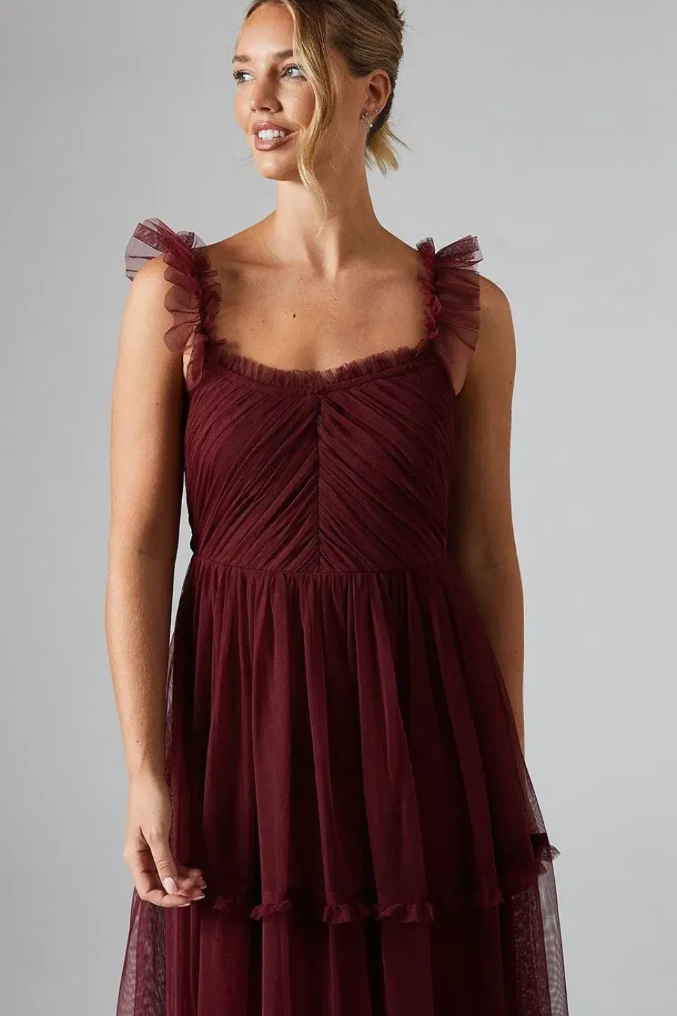 Flutter Sleeve Tiered Mesh Bridesmaids Dress
