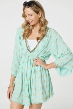 Foiled Leaf Print Short Beach Dress