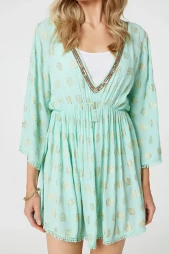Foiled Leaf Print Short Beach Dress