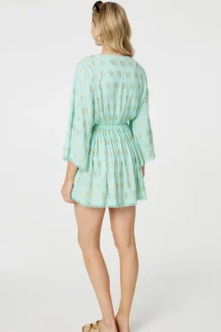 Foiled Leaf Print Short Beach Dress