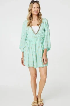 Foiled Leaf Print Short Beach Dress