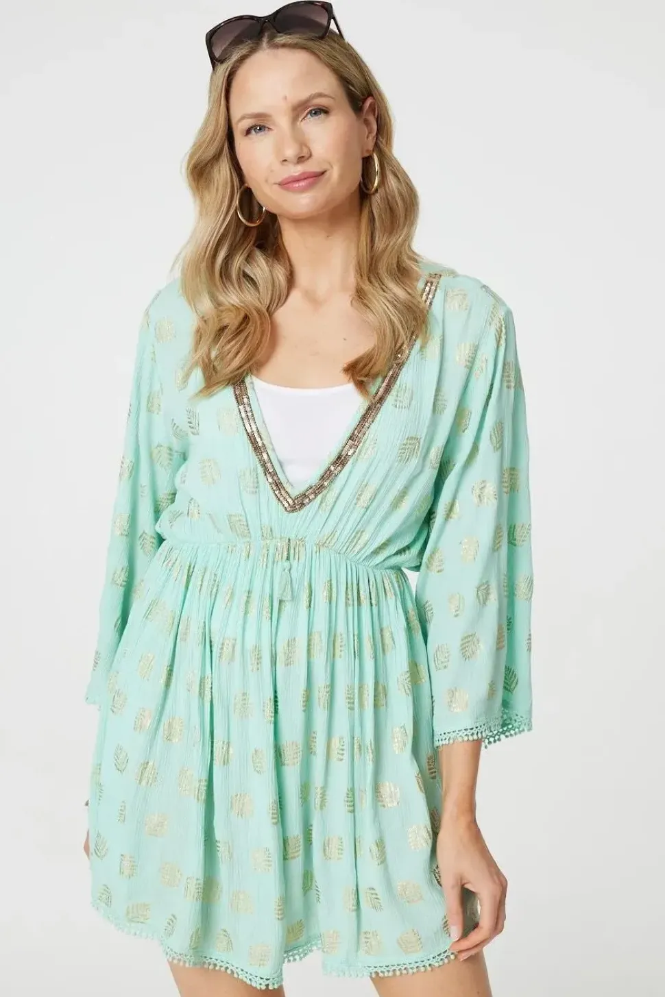 Foiled Leaf Print Short Beach Dress