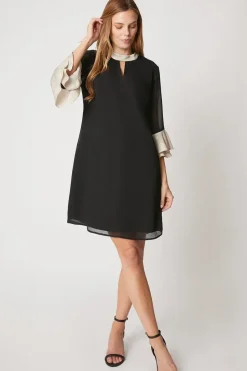 Foil Trim Ruffle Sleeve Shift Dress