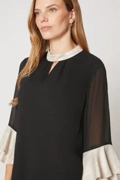 Foil Trim Ruffle Sleeve Shift Dress