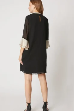 Foil Trim Ruffle Sleeve Shift Dress