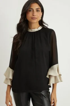 Foil Trim Ruffle Sleeve Top