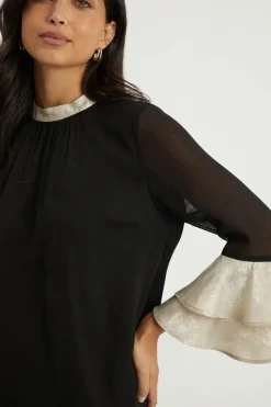 Foil Trim Ruffle Sleeve Top