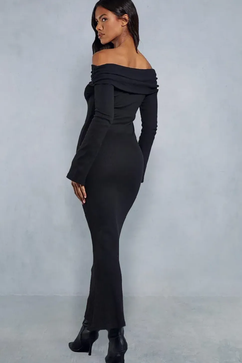 Fold Over Bardot Rib Maxi Dress