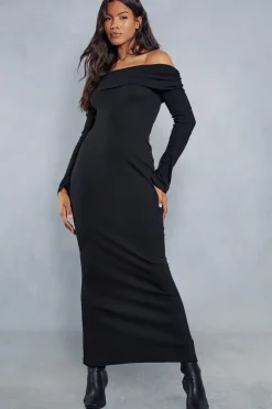 Fold Over Bardot Rib Maxi Dress